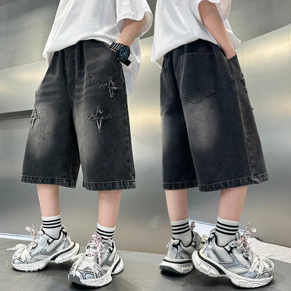 Boy Star Jeans 2025 Summer New Fashion Pocket Stretch Boys Denim Mid-Pants Childrens Boys Casual Cropped Pants 3-15 Years Old