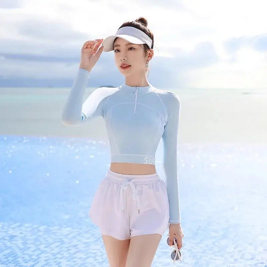 Summer New Girls Swimwear High-waist Split Boxer Briefs Long-sleeved Sun Protection and Flesh-covering Beach for Small People