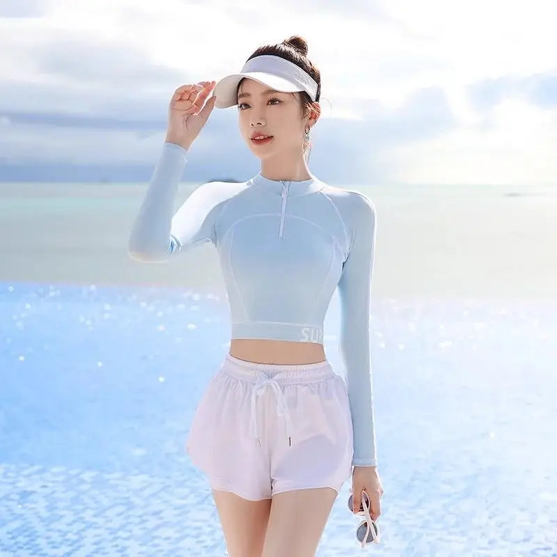 Summer New Girls Swimwear High-waist Split Boxer Briefs Long-sleeved Sun Protection and Flesh-covering Beach for Small People