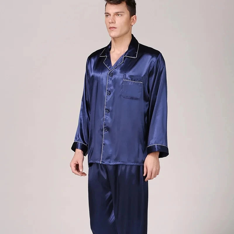 Pajamas Men Spring Summer Thin Ice Silk Luxurious Loose Fitting Home Wear Suit Male Satin Pyjamas Set Night Pajamas Set Men