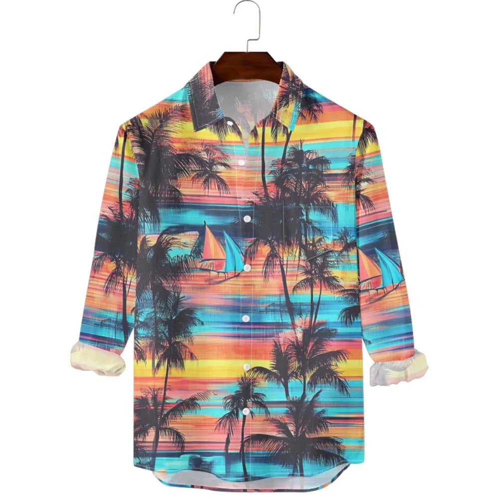 Hawaiian Men Shirts Sunset Oasis Palms Print Full Sleeve Streetwear Button Up Casual Beach to Bar Parties Poolside Shirt Pocket