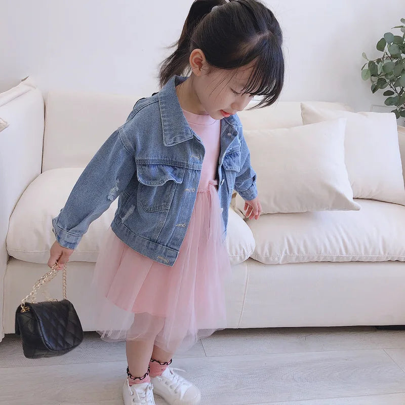 2025 Spring Autumn Girls Lovely Comfortable Retro Flowers Jeans Coats Children Personality Fashion Turn-down Collar Denim Jacket