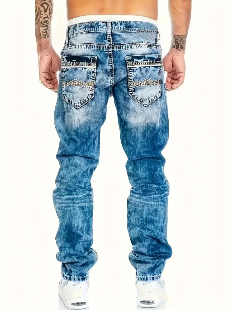 European American Jeans Men's Autumn New Slim Elastic Trousers Fashionable Vintage Wash Denim Pants Male Streetwear