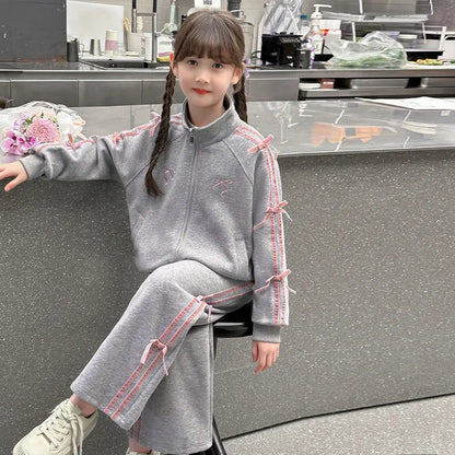Teen Girls Clothing Set Spring Autumn Striped Bow Jacket+Pants 2Pcs Leisure Tracksuit for Kids Clothes For 5 6 8 10 12 14 Years
