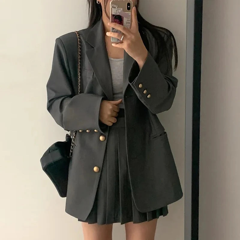Women Clothes Outfit Suits Casual Single Breasted Loose Coat Blazer Suit And High Waist Pleated Mini Short Skirt 2 Piece Set New