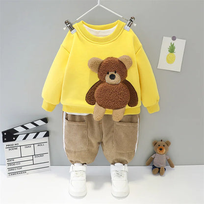 Baby boy clothes autumn winter plus velvet warm thickening suit boys and girls cartoon bear sweater + corduroy pants baby 2pcs