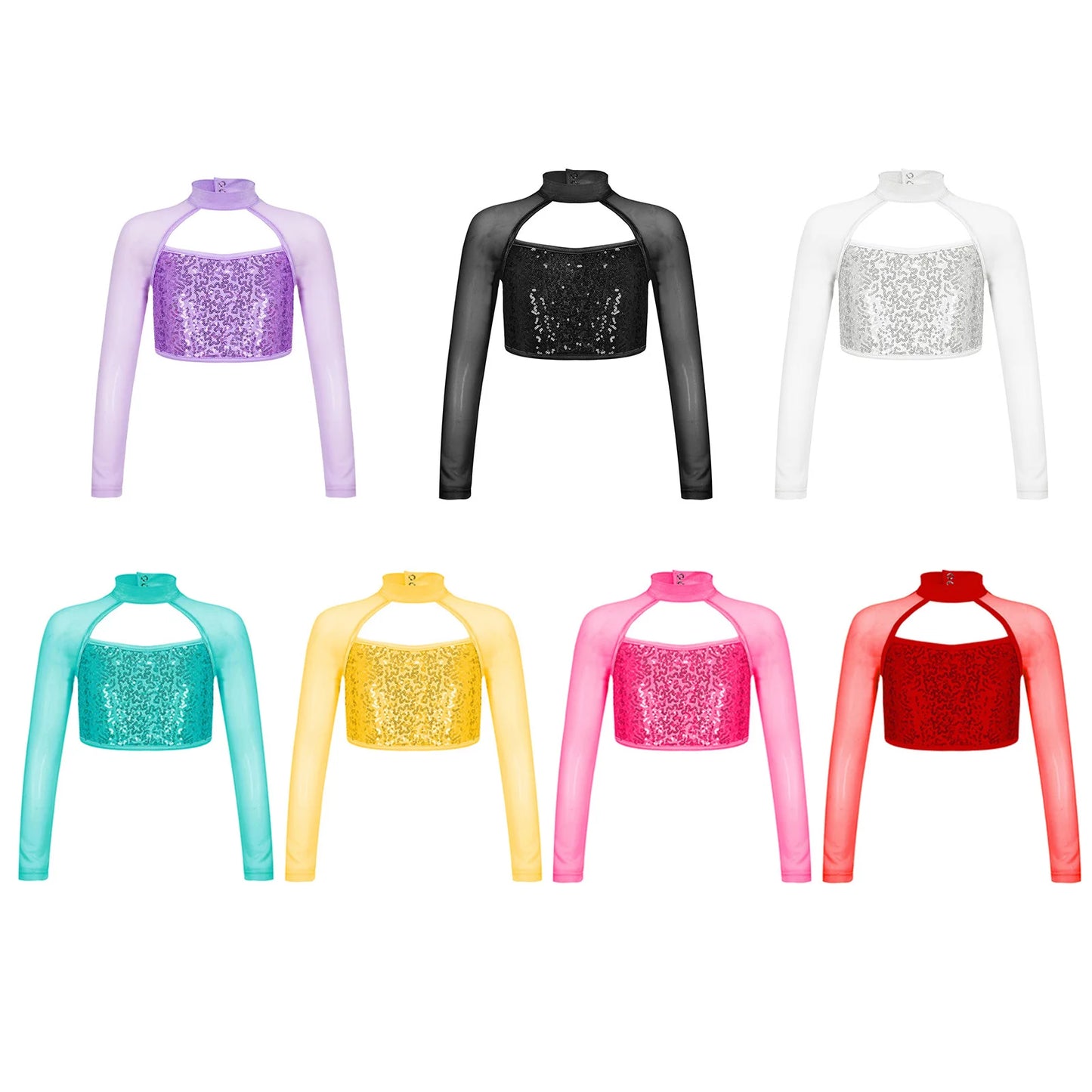 Teen Girls Hip Hop Jazz Street Dance Top Long Sleeve Shiny Sequin Mesh Crop T-shirt Yoga Sportswear Skating Gymnastics Dancewear