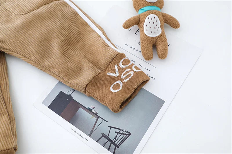 Baby boy clothes autumn winter plus velvet warm thickening suit boys and girls cartoon bear sweater + corduroy pants baby 2pcs
