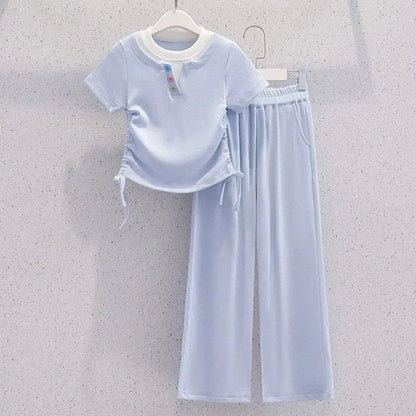 Summer Teenage Girls Clothes Set Children O-Neck Tshirt and Casual Pants Suit Student School Short Sleeve Top Bottom Outfits