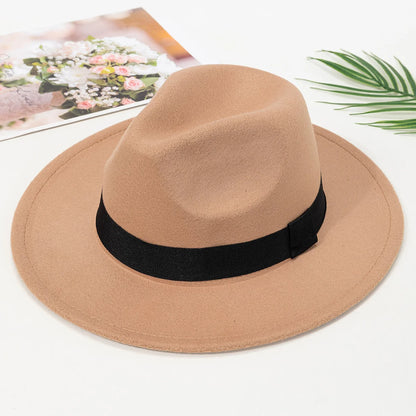 Autumn and winter men and women's new large brimmed hats, fashionable woolen jazz hats, English style top hats