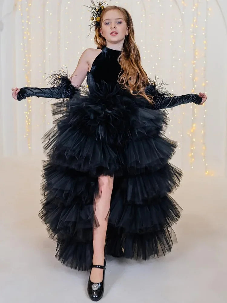 Girls Pageant Dress High Neck Halter Feather Sleeves Tiered Tulle Gown Formal Party Wedding Flower Girl Birthday Costume