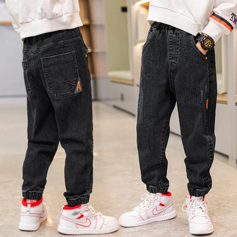 Fashion Boys Letter Jeans Pants Spring Autumn Kids Denim Trousers Casual Clothes For Teenager Boy Loose Sport Pants for 5-12Year