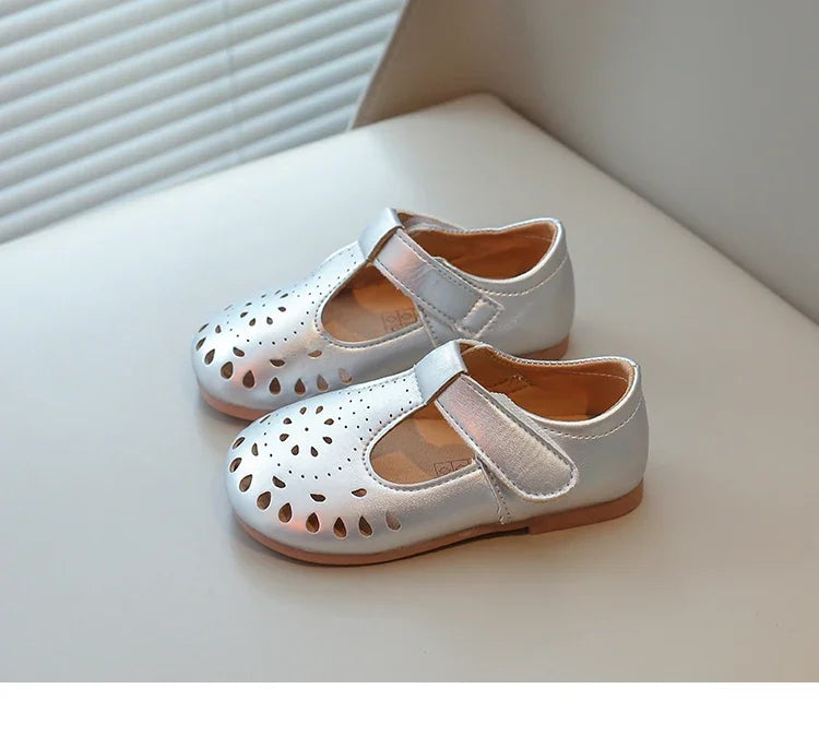 Baby Girls Dress Shoes for Wedding Party Cut-outs Hollow Soft Princess Breathable Kids Leather Flats T-strap 2025 Spring Summer