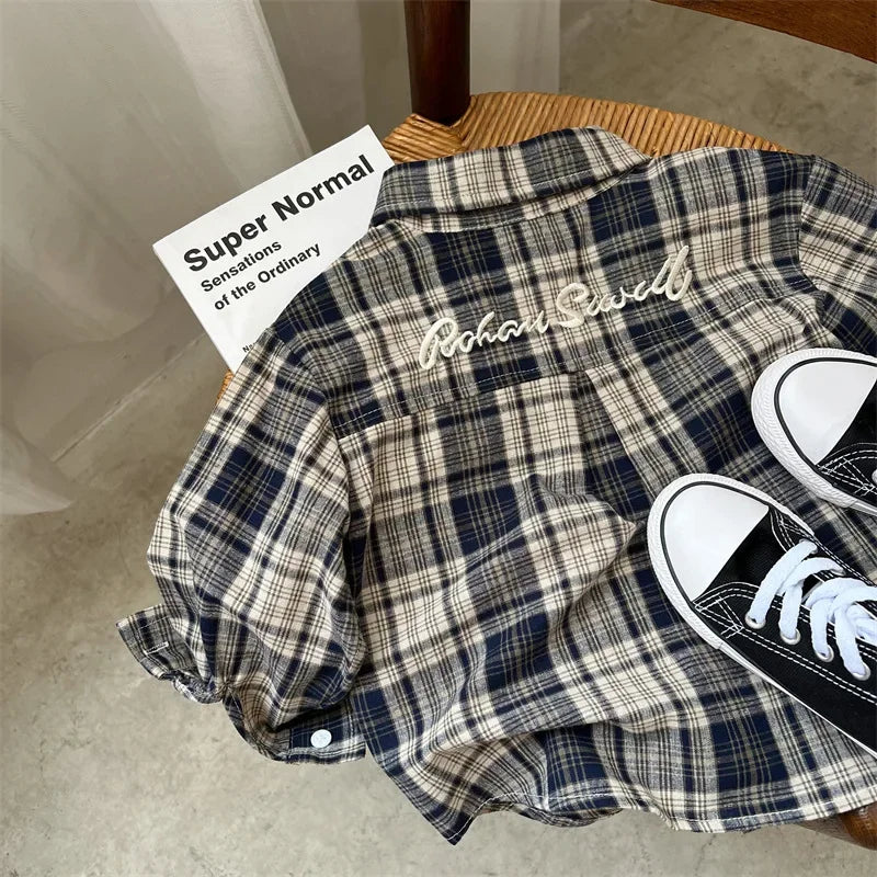 Children Shirts 2024 Autumn New Style Boys and Girls Embroidered Plaid Shirts Baby Versatile Shirts Fashion Jacket