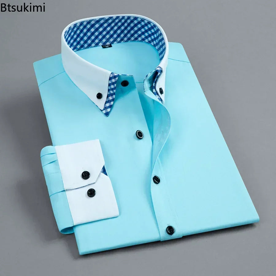 2026 Men's Dress Shirt Non Iron Fashion Double layer Long Sleeve Business Formal Regular Fit Office Camisa Social Shirts Male