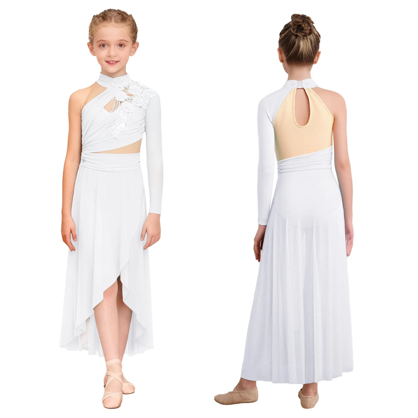 Kids Girls Modern Lyrical Dance Dresses Delicate Applique Keyhole Back Side Split Irregular Hem Asymmetrical Ruched Mesh Dress