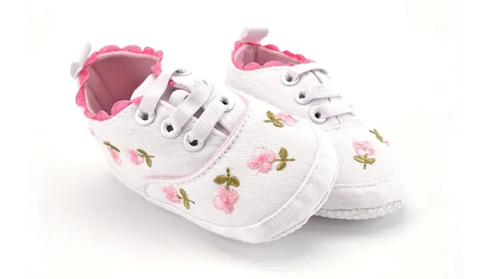 Baby Girls Shoes White Pink Floral Embroidered Soft Soles Shoes Prewalker Walking Toddler Casual Kids Shoes For Dropshipping
