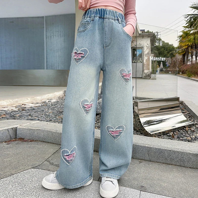Teen Girls Denim Pants Spring Autumn New Heart Print Hole Wide Leg Pants For 5 6 8 10 12 14 Years Girls Stylish Trousers