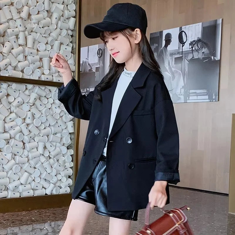 Kids Girls Jacket Spring Autumn Fashion Korean Long Sleeve Black Suit Jackets for Girls Teenager Button Blazer Cardigan Jackets