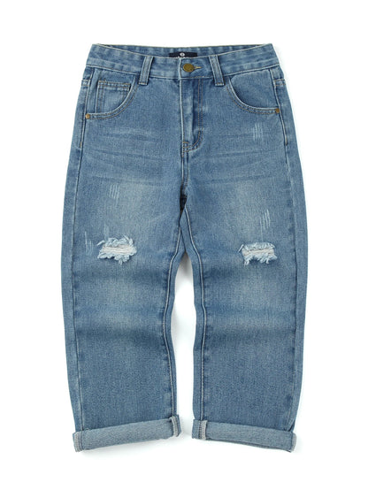 Boy Ripped Jeans Trendy Solid Denim Pants Child Pocket Trousers Kids Clothing Teenagers Student All Seasons Gift 3-9Y