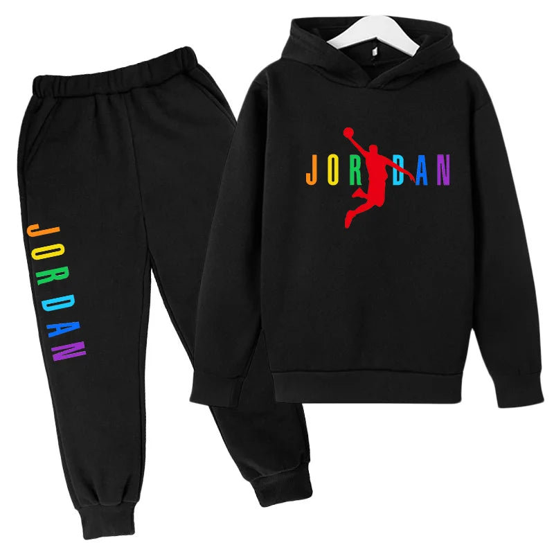 Children Sports Coat 3-13 Years Hoodie Basketball Letter Print Boys Sweatshirt Girls Toddler Top + Trousers 2P Stylish Casual Se