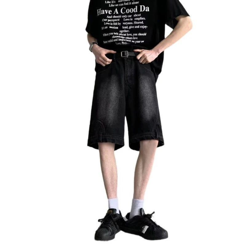 Men's jeans summer thin American retro high street trendy brand five-point pants loose straight casual washed pants