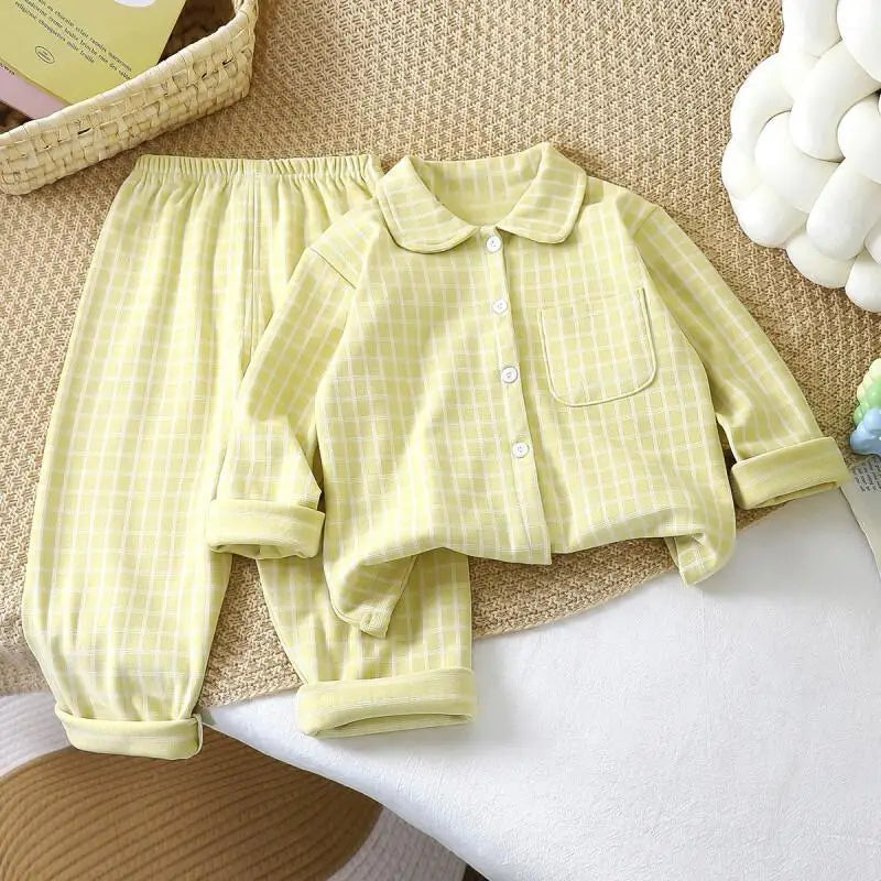 Boys and Girls children's Pajama Set autumn winter Korean Style Plaid Cardigan Lapel long-sleeved PJs Set Loungewear Two-piece