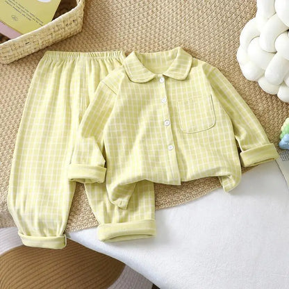 Boys and Girls children's Pajama Set autumn winter Korean Style Plaid Cardigan Lapel long-sleeved PJs Set Loungewear Two-piece
