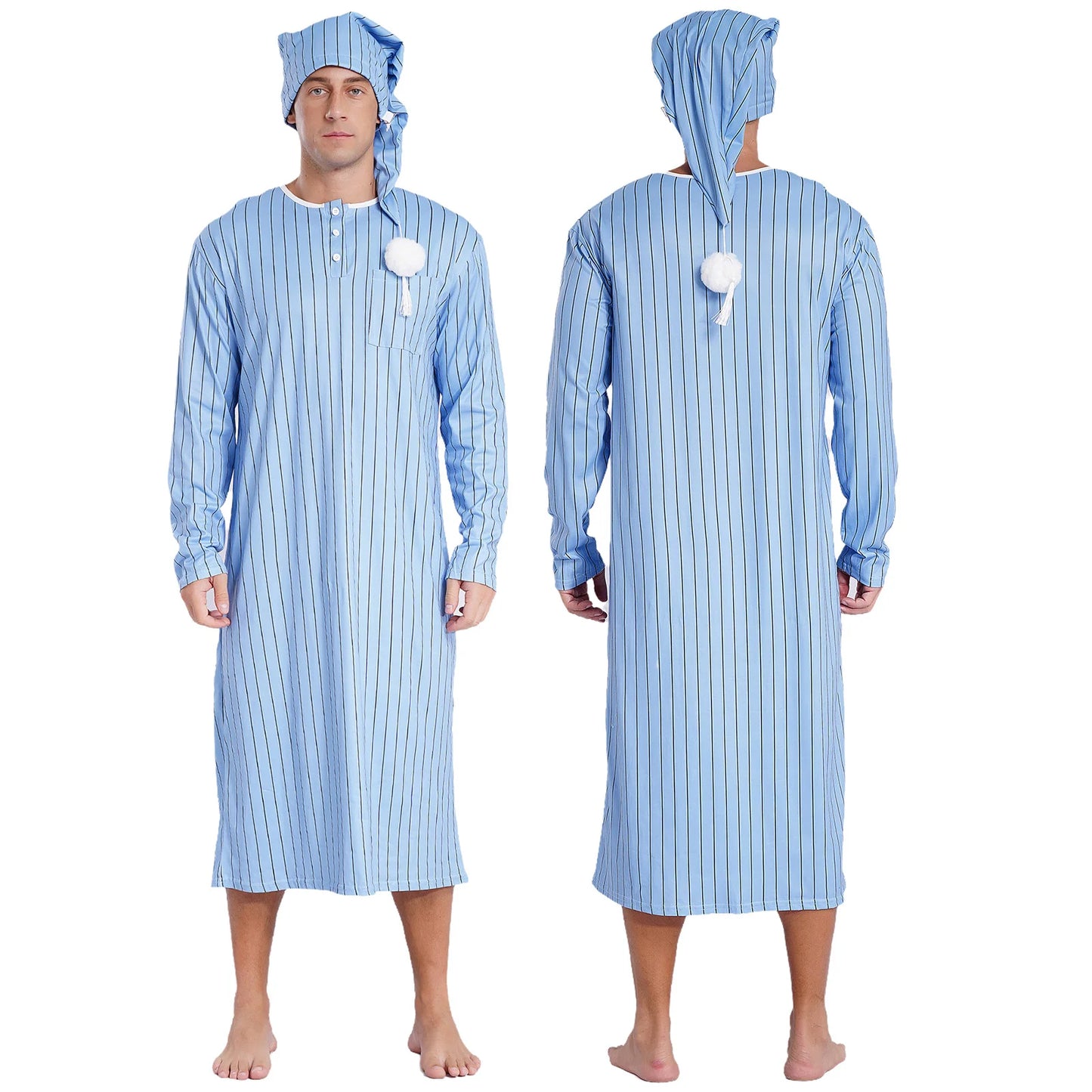 Men Sissy Sleep Robe Nightwear Long Sleeve Striped Night Dress with Adjustable Hat Nightdress Muslim Pajamas Sleepwear Homewear