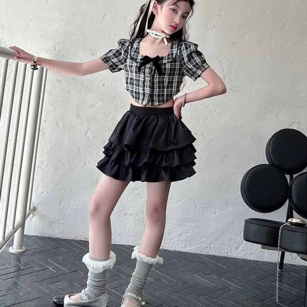 Cake Dress Sweet Girls Wear Suit Teens Party T-shirt Plaid Skirt Set Short Sleeve Preppy Style Costume Children Summer Clothes