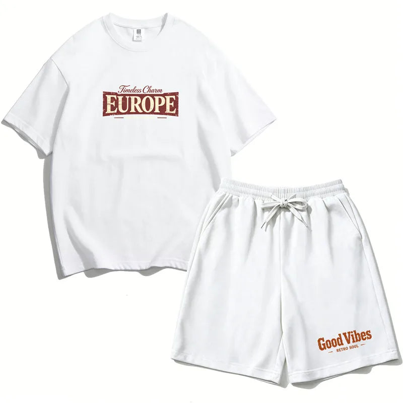 Teen Girls Clothing Set Summer Cotton Short Sleeve Top Shorts 2PCS Casual Europe Graphic Tee Distressed Print Clothes Set EU1