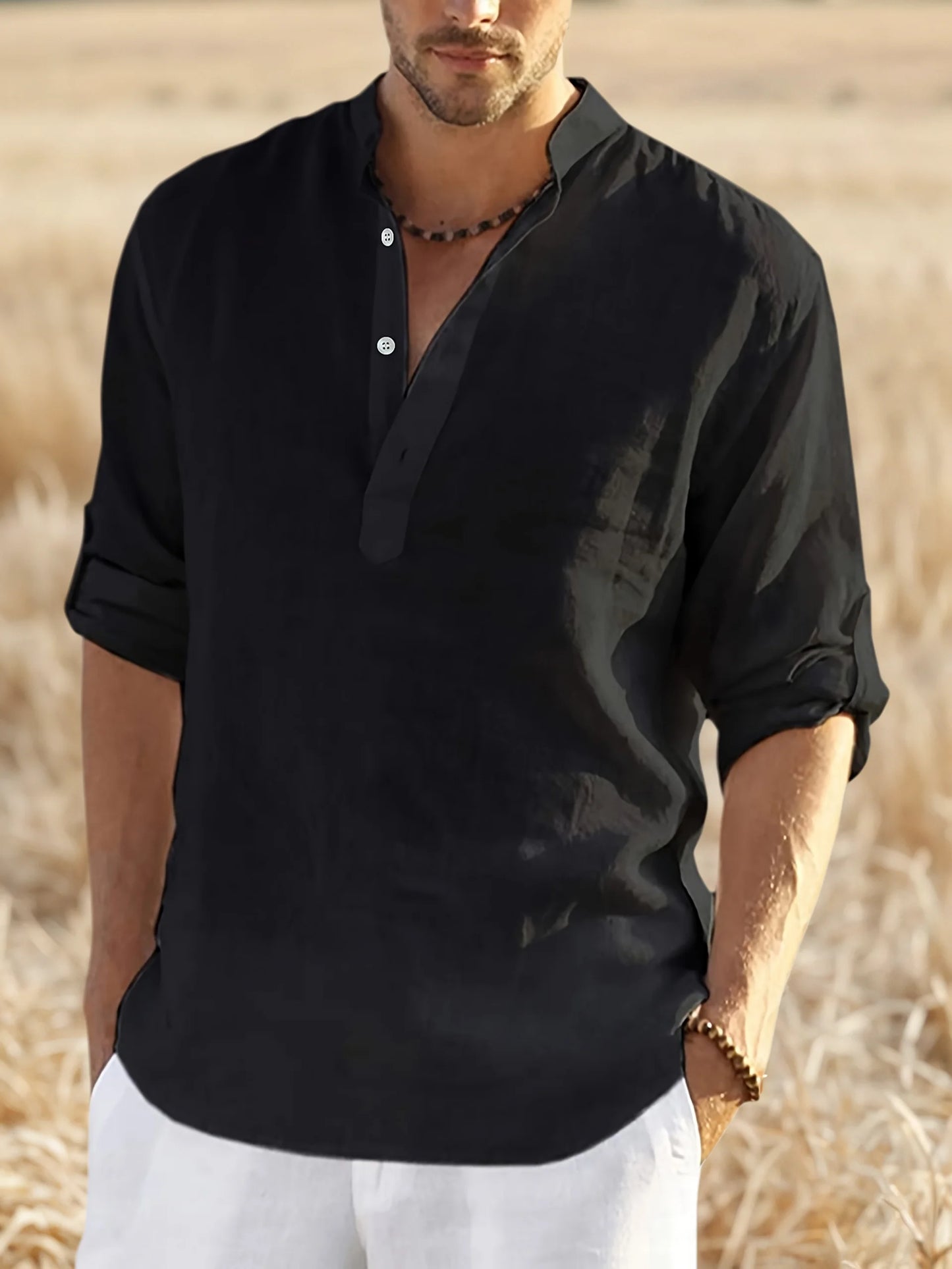 Men's Beach Hawaiian Shirts Solid Color Casual Streetwear Breathable Lightweight Shirts Long Sleeve Henley Cotton Linen Shirts