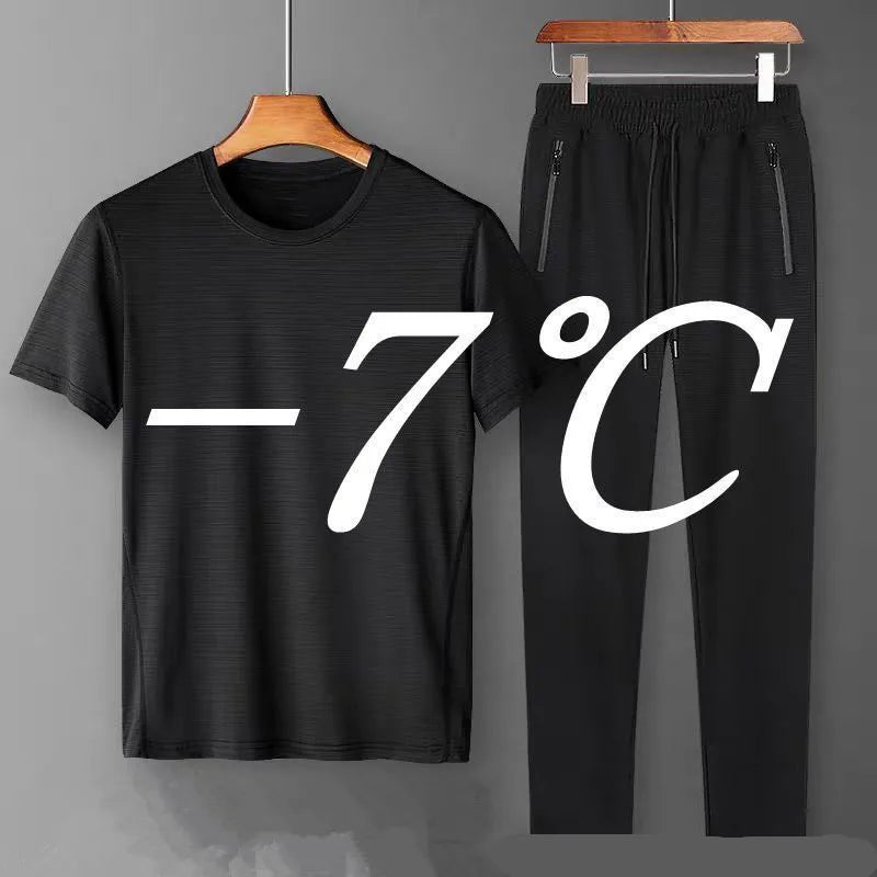 Summer Sports Suit Men's Trendy Short Sleeved Pants Two-piece Set Solid Color Casual Ice Silk Mesh Air-conditioned Pants for Men