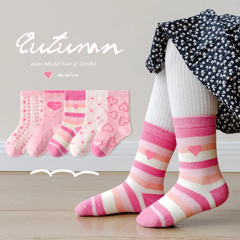 Little Girls Socks Spring Cotton Socks Baby 1-12T Children's Calf Socks Girl Cartoon Love Pattern 5 Pairs Socks