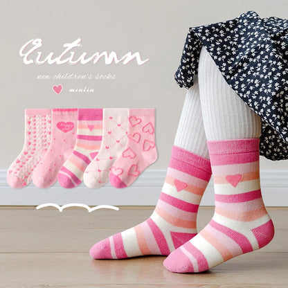 Little Girls Socks Spring Cotton Socks Baby 1-12T Children's Calf Socks Girl Cartoon Love Pattern 5 Pairs Socks