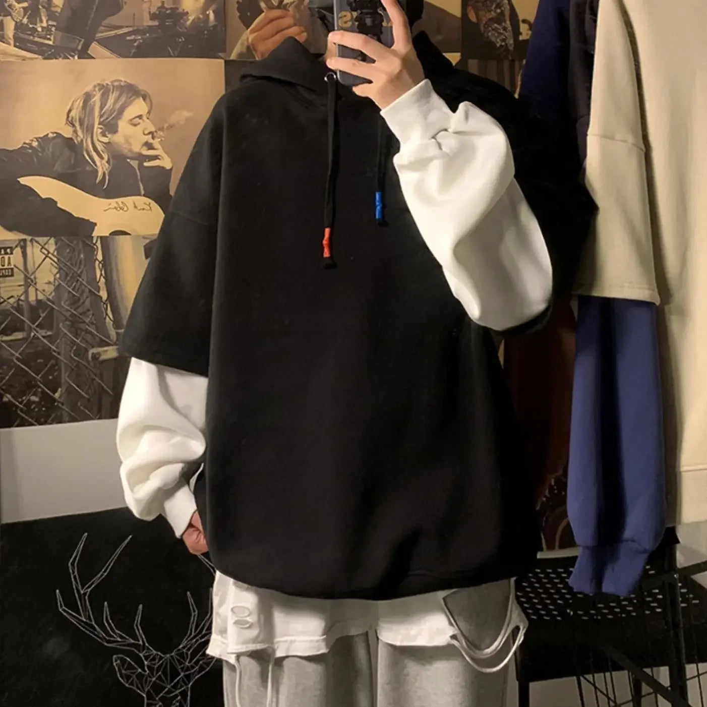 Hooded Sweatshirts for Man Black Hoodies Hip Hop Men's Clothing Sweat Shirt No Brand Funny Loose Overfit Streetwear Simple Cheap