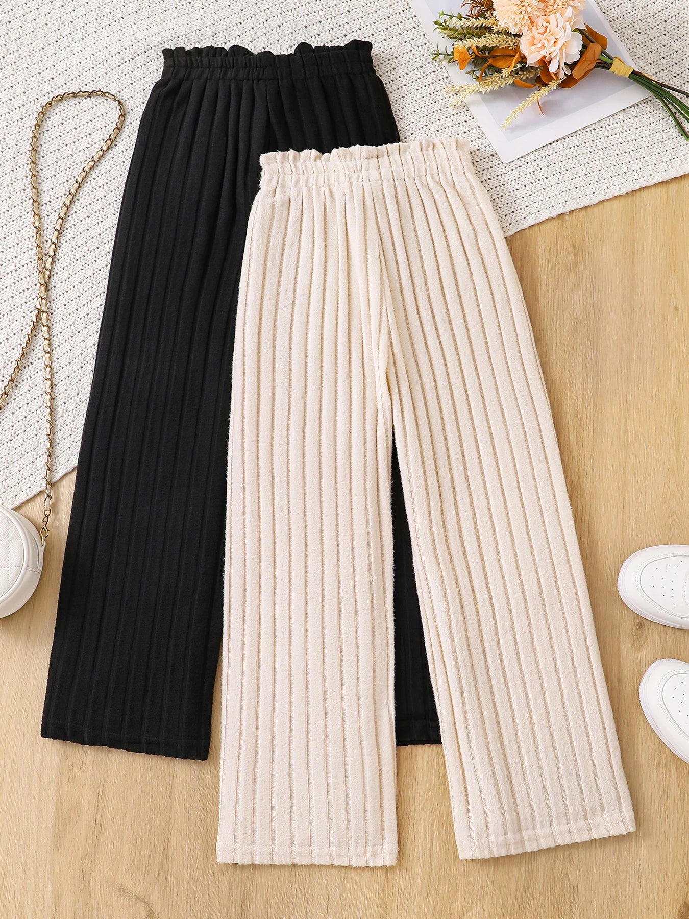 Girls 8-12Y Summer Wide Leg Pants Breathable Cool Fabric Non-Irritating Flat Seams Black & Beige Casual Trousers 2PC Set