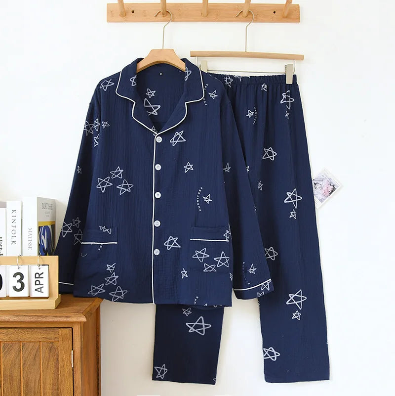 Men's Trousers Pajamas Set for Spring and Summer Thin Design Cotton Fabric Short Sleeved Long Pants Home Men Pyjama Set