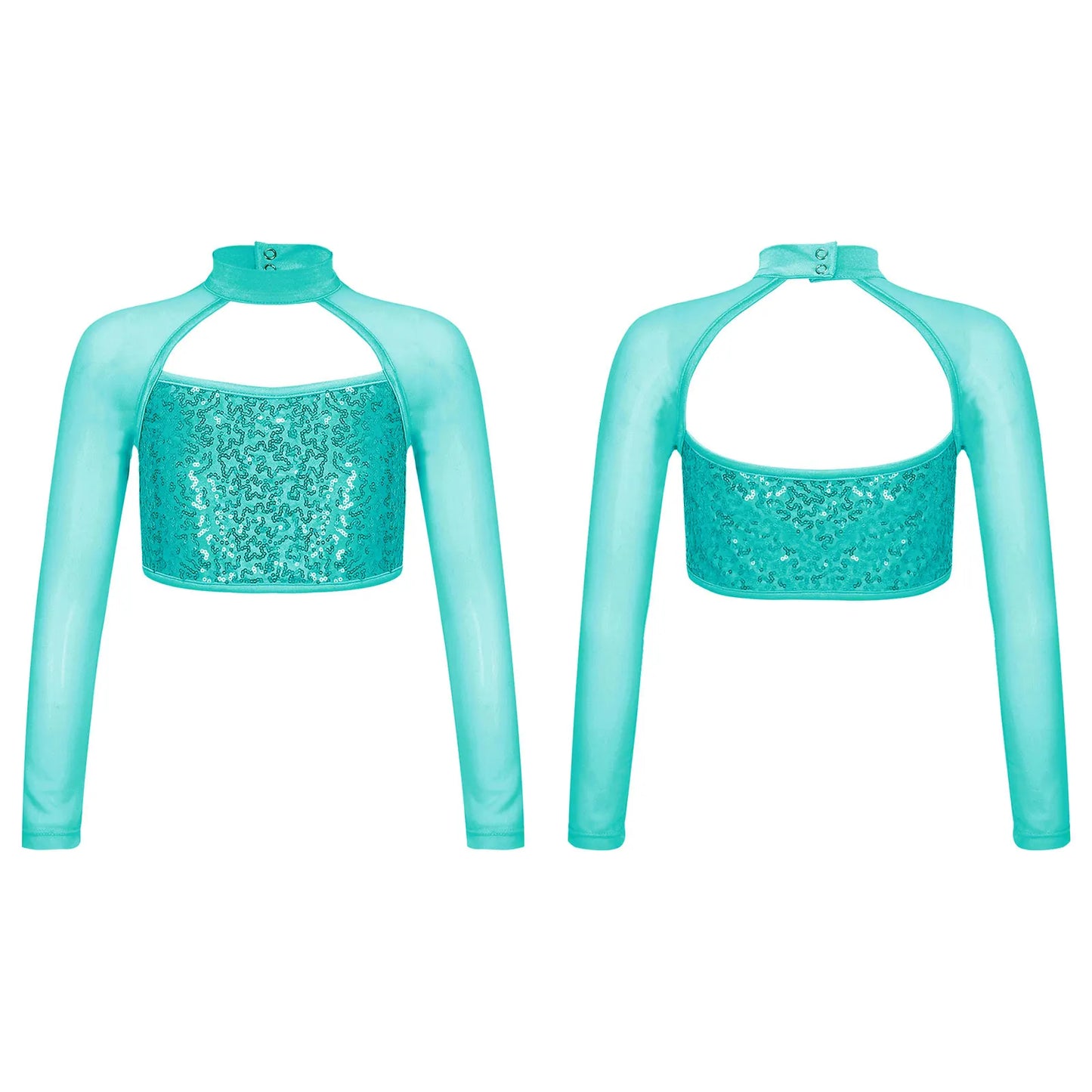 Teen Girls Hip Hop Jazz Street Dance Top Long Sleeve Shiny Sequin Mesh Crop T-shirt Yoga Sportswear Skating Gymnastics Dancewear