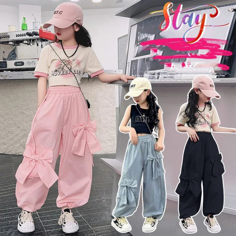 Girls Bow Cargo Pants 2025 New Kids Spring Sweet Trousers Children Autumn Fashion Loose Pants Teenager Wide Leg Clothing