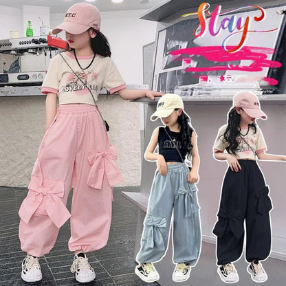 Girls Bow Cargo Pants 2025 New Kids Spring Sweet Trousers Children Autumn Fashion Loose Pants Teenager Wide Leg Clothing