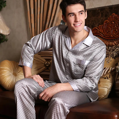Spring Autumn New Male 2PCS Pajamas Set Sleepwear Print Long Sleeve Trouser Pijamas Suit Loungewear Loose Silk Satin Home Wear