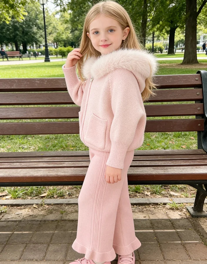 Girls Suit 2025 Autumn and Winter New Childrens Clothes Girls Baby Fashion Wool Collar Hooded Sweater Pants Two-piece Set Simple