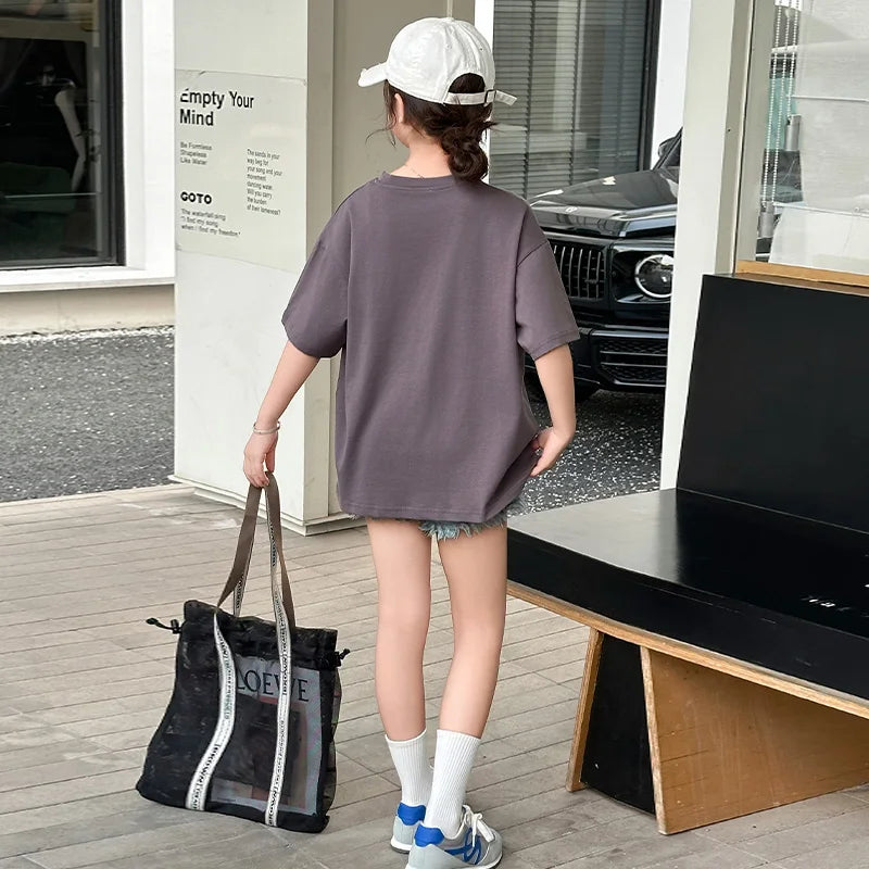 Girls Summer T-shirt Short Sleeve Fashion Design Casual Teenage Kids Tee Tops with Bow Children Short Sleeve Tshirt Clothing