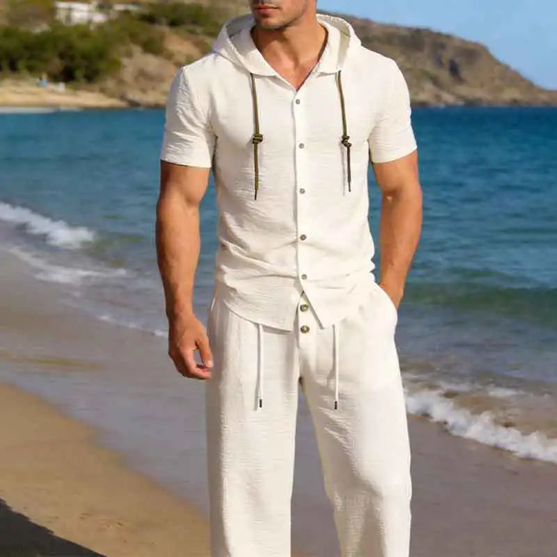 Men's Sport Casual Suit - Stylish and Handsome, with A Hooded, Pleated Short-sleeved Shirt and Loose-fitting Trousers.