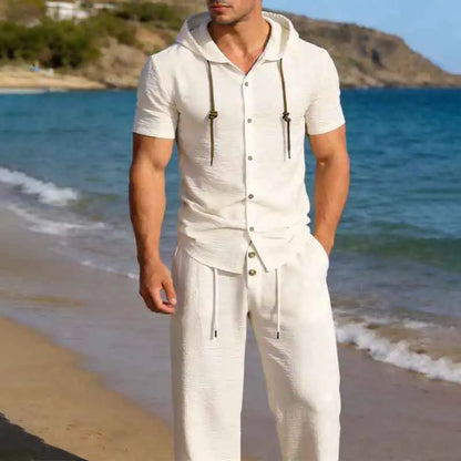 Men's Sport Casual Suit - Stylish and Handsome, with A Hooded, Pleated Short-sleeved Shirt and Loose-fitting Trousers.