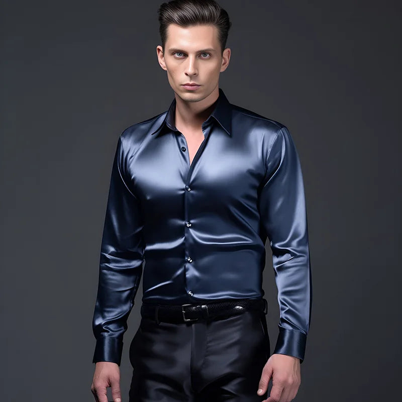 Men Satin Shirts Brand New Mens Dress Luxury Shirts Long Sleeve Casual Social Male Clothes Chemise Homme Shirt S40