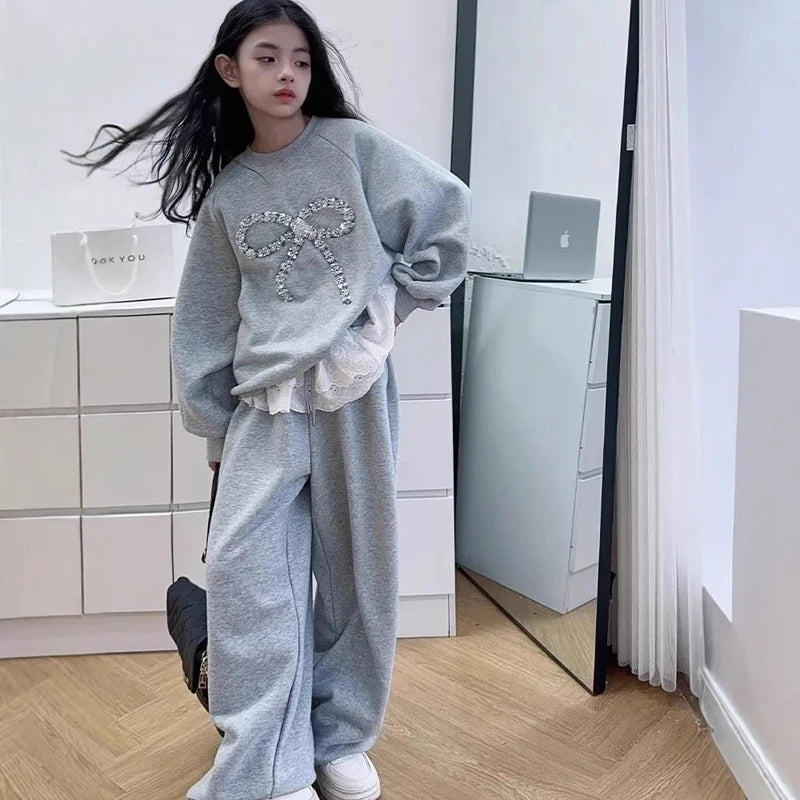 Teen Girls Clothing Set Spring Autumn New Solid Color Bow Sweatshirt+Lace Patchwork Pants 2Pcs Suit For 6-14 Years Girls Outfit
