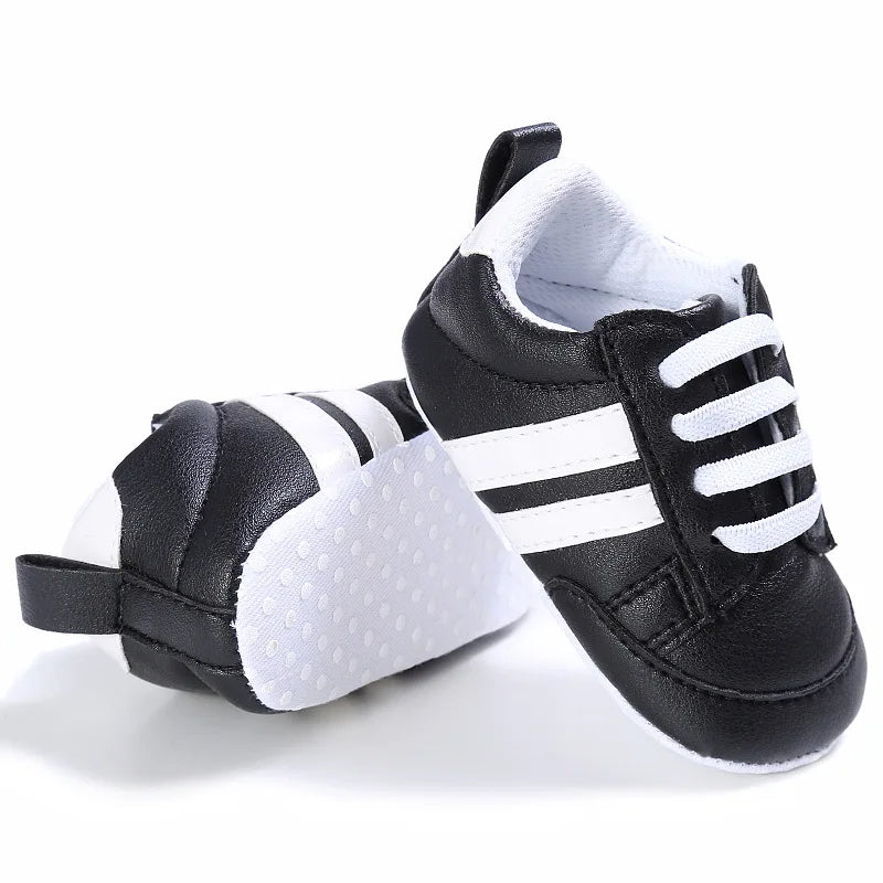 Newborn Baby Boys Shoes for 1 Year Footwear with Striped Infant Casual PU Leather Toddler Soft Sole Girls Sneakers First Walkers