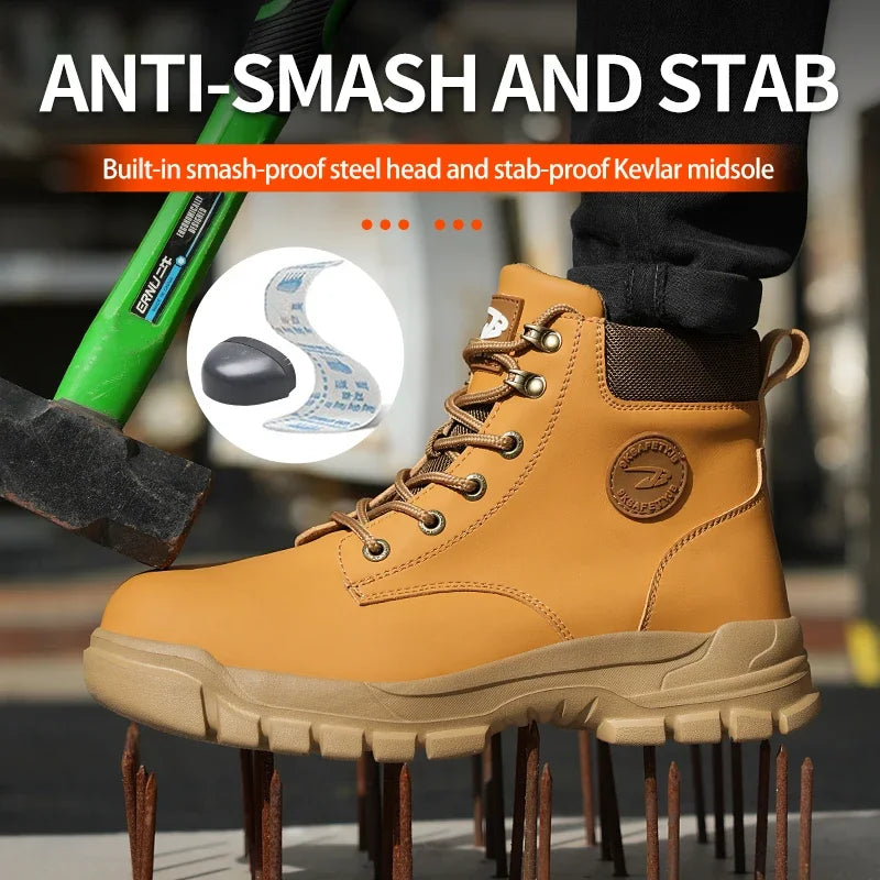 Work Safety Boots for Men, Anti-smash Steel Toe Shoes, Puncture-proof, Indestructible, Waterproof Sneakers Brown Boots